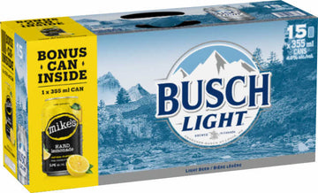 Box of Busch Light beer with a bonus can inside, featuring a scenic design.